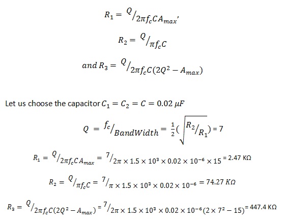 主动带通滤波器示例方程式
