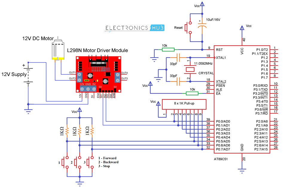 使用L298N电路图与8051微控制器的接口直流电机
