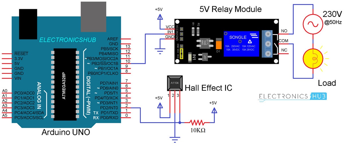 霍尔效应传感器与Arduino继电器控制电路图的接口