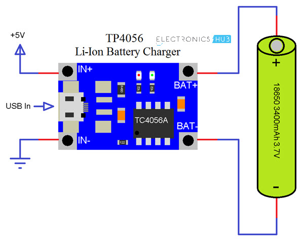 TP4056锂离子电池充电器连接示意图